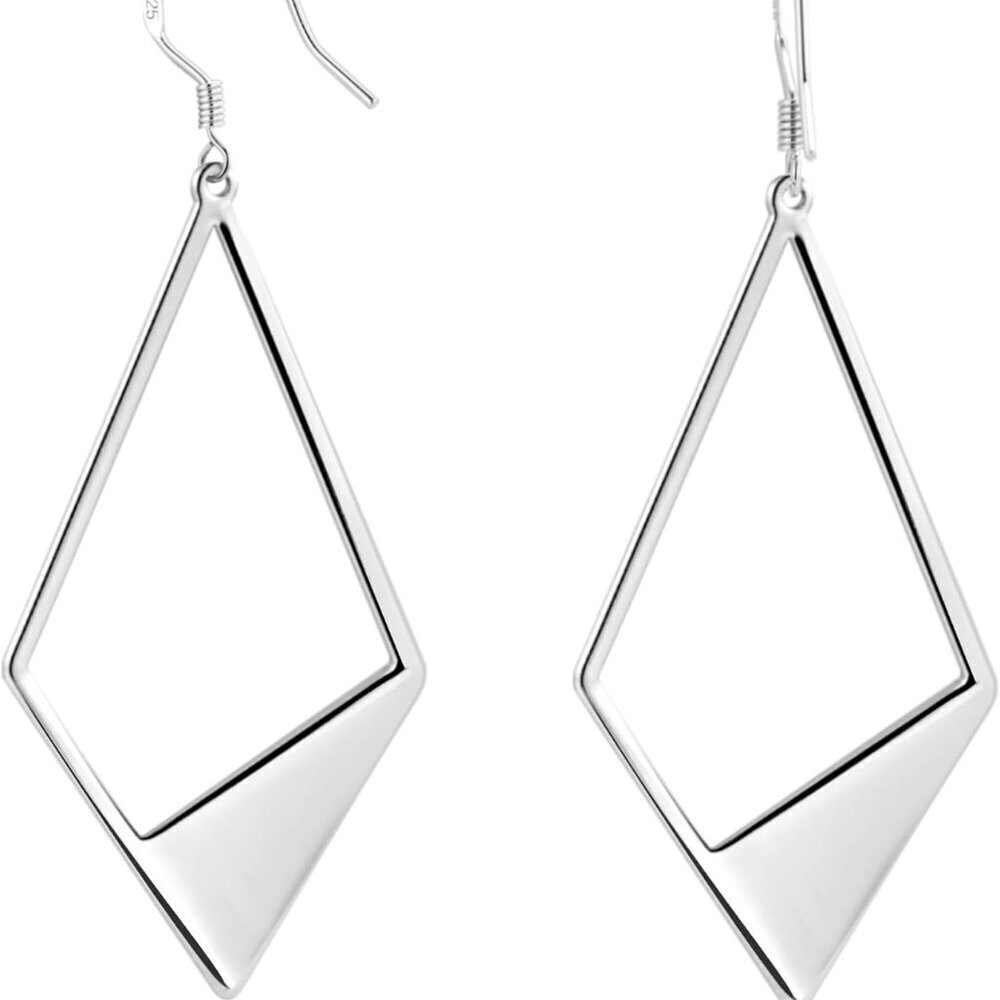 Sterling Silver Dangle Earrings Lightweight Rhombus For Women Hypoallergenic